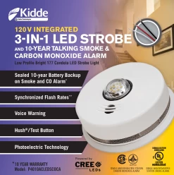 KIDDE P4010ACLEDSCOCA 3 In1 Strobe/ Smoke And Carbon Monoxide Alarm – Hardwire With 10yr BBU