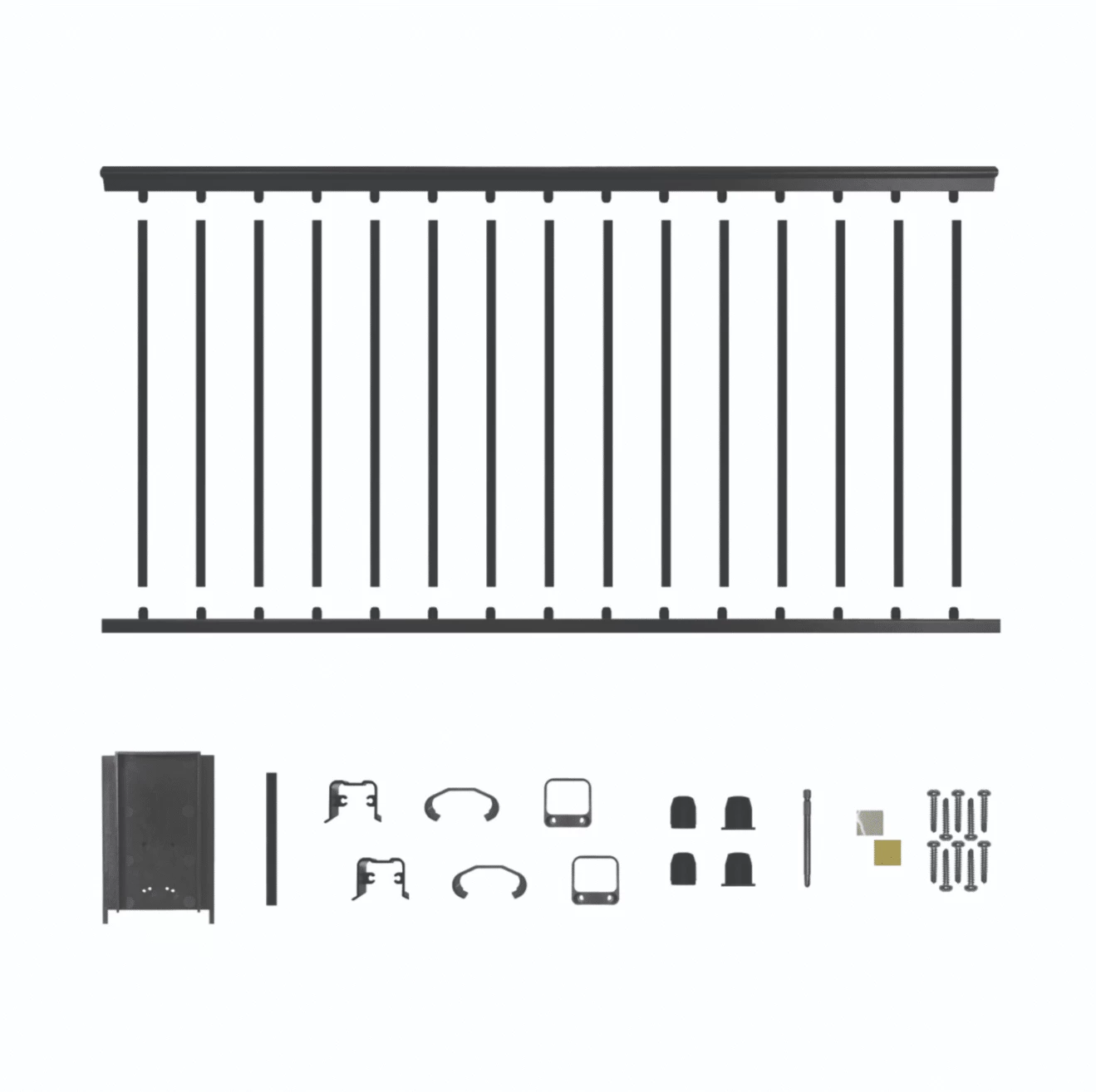 NUVO IRON BLSARK642D Black, Square Picket, 6′ Long X 42” High Aluminum Railing Section. Comes With Top & Bottom Rail, 4 Mounting Brackets, Screws And 15 Balusters 3 NUVO IRON BLSARK642D Black, Square Picket, 6′ Long X 42” High Aluminum Railing Section. Comes With Top & Bottom Rail, 4 Mounting Brackets, Screws And 15 Balusters