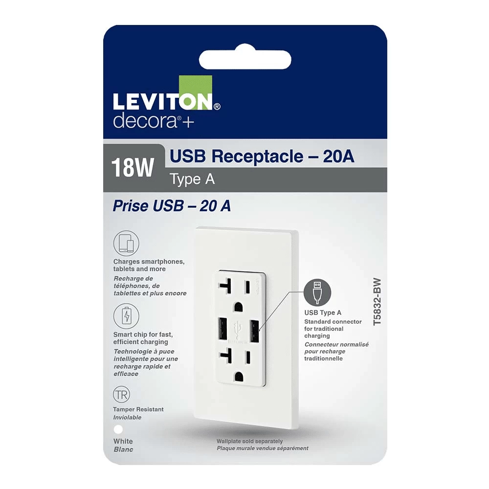 LEVITON T5832 WH DUP REC/2 USB PORT CHARGER 20A125V 3 LEVITON T5832 WH DUP REC/2 USB PORT CHARGER 20A125V