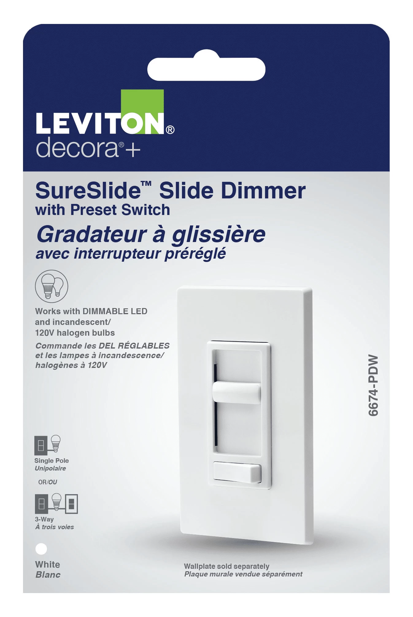 LEVITON 06674 WH DIM SLIDE DEC UNIVERSAL SP/3W PRESET 3 LEVITON 06674 WH DIM SLIDE DEC UNIVERSAL SP/3W PRESET